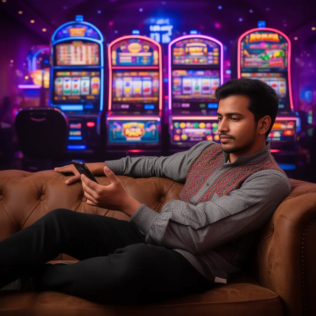 69BD App – Enjoy smooth and stylish mobile casino gaming in Bangladesh Confident Bangladeshi man relaxing on a sofa while using the 69BD casino app with colorful slot machines glowing behind him