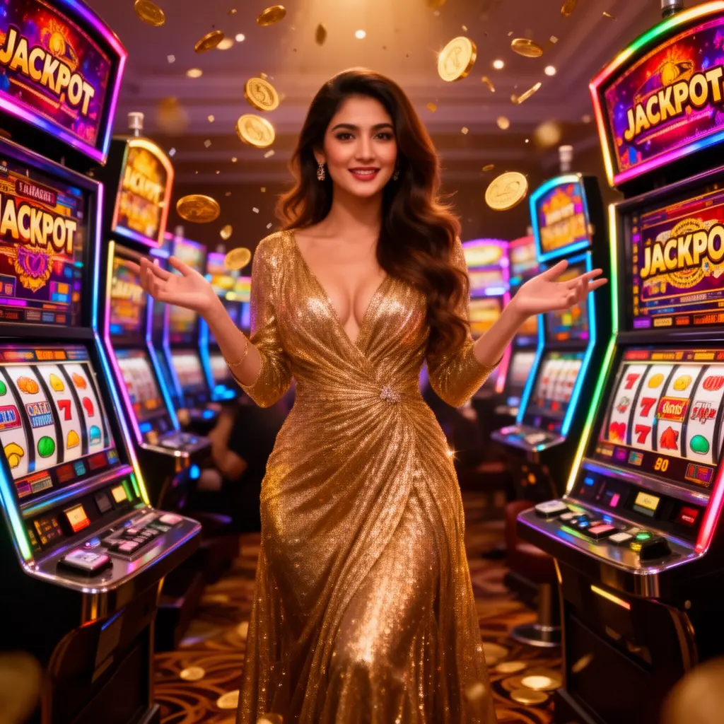 69BD – Discover a luxurious online casino atmosphere for Bangladeshi players Confident woman in an elegant golden dress standing among bright slot machines inside the immersive 69BD casino environment for players in Bangladesh